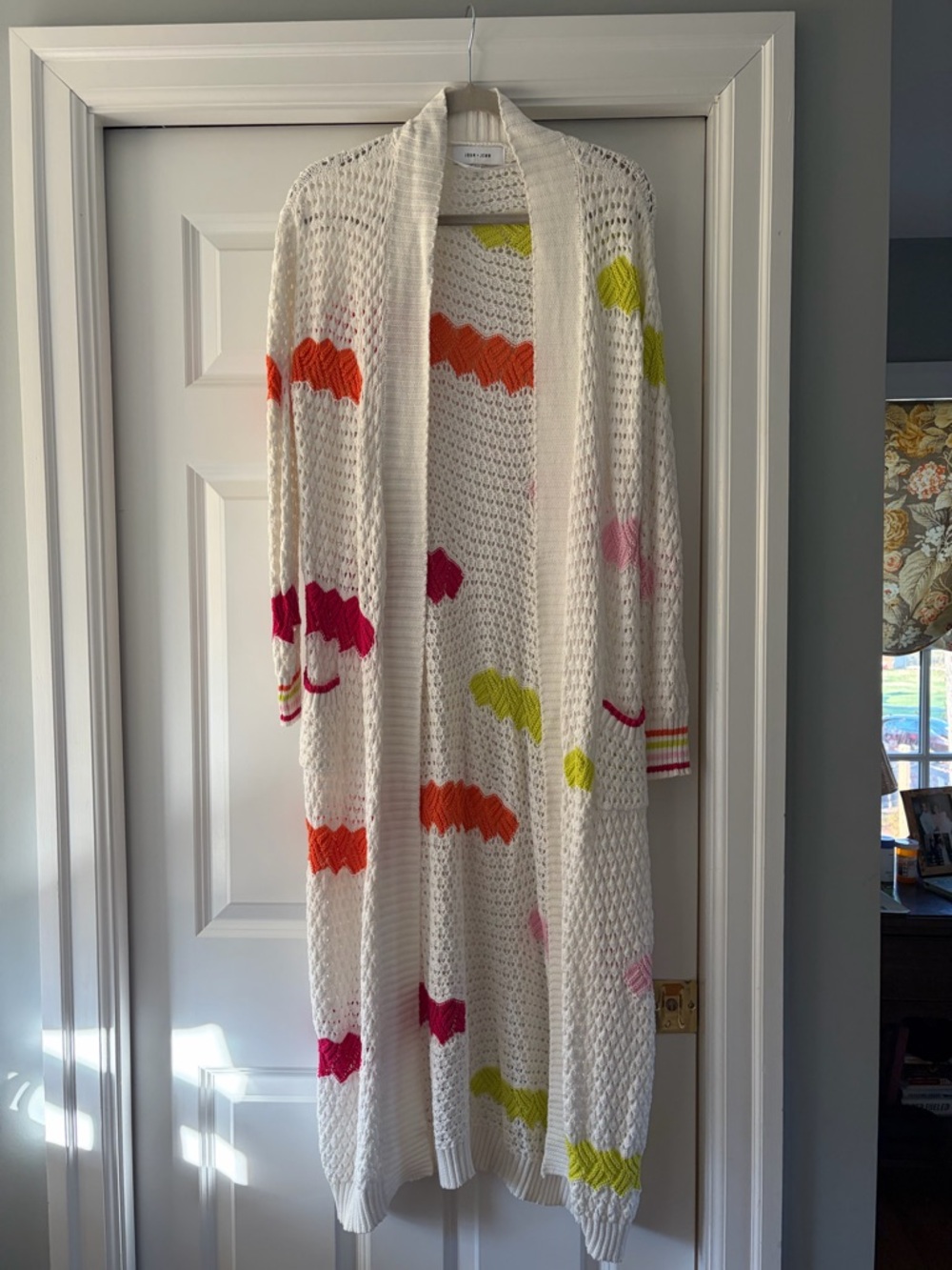 John + Jenn Cream Open Knit Cardigan with Neon Accent